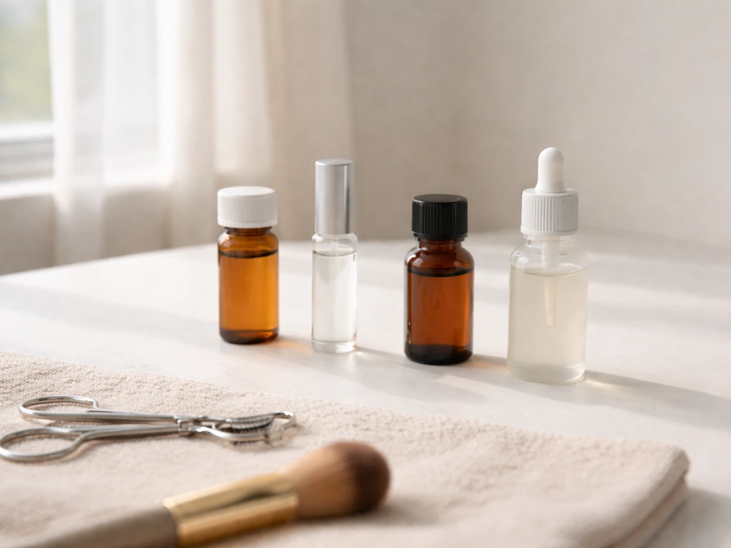 Unlabeled bottles and beauty tools on a vanity under natural window light, conveying lash-growth option comparison.