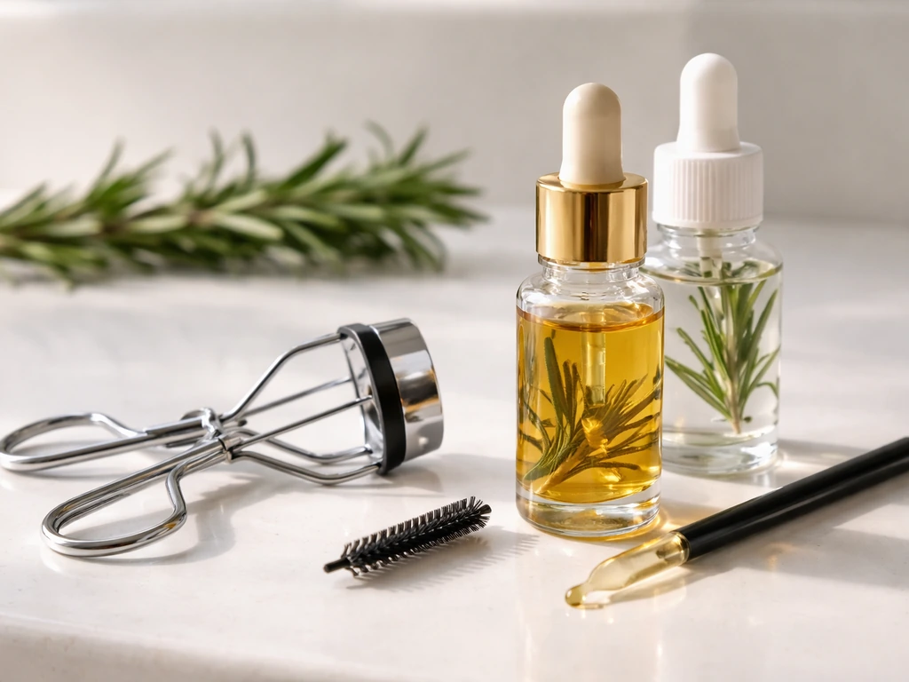 Close-up of eyelash curler, clean spoolie, and rosemary oil dropper on a white bathroom counter.