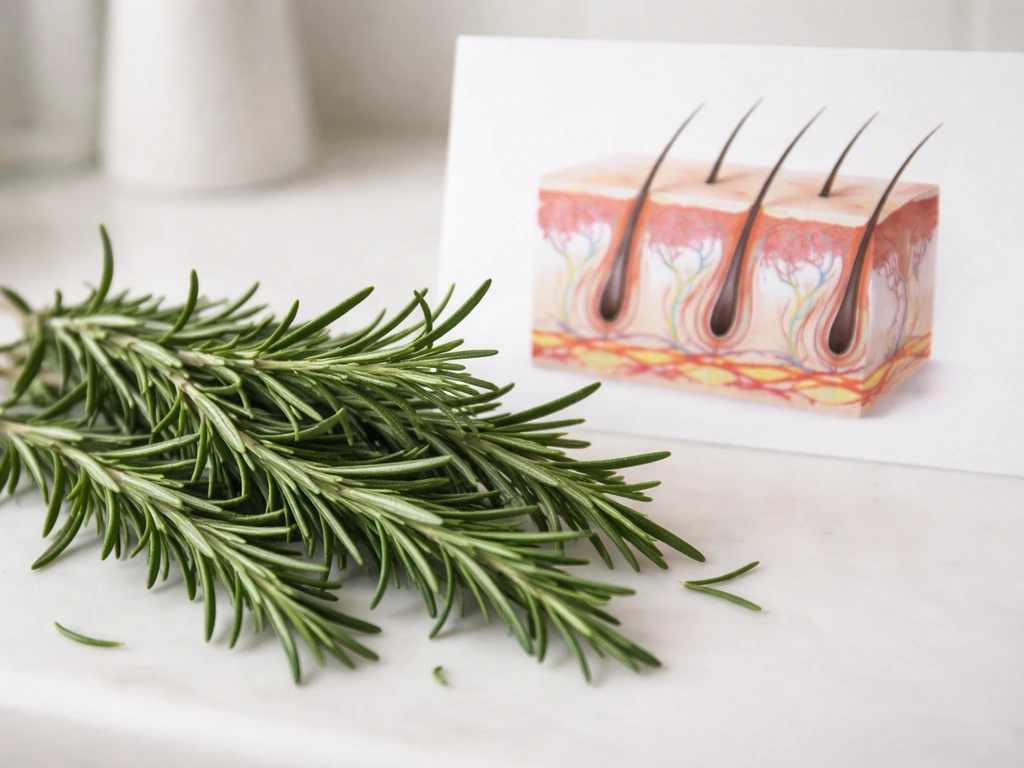 Fresh rosemary leaves beside a simple scalp hair follicle diagram on white paper.