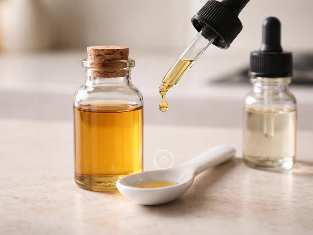 Teaspoon and dropper measuring rosemary essential oil into castor oil to show a 1-drop-per-5ml dilution.