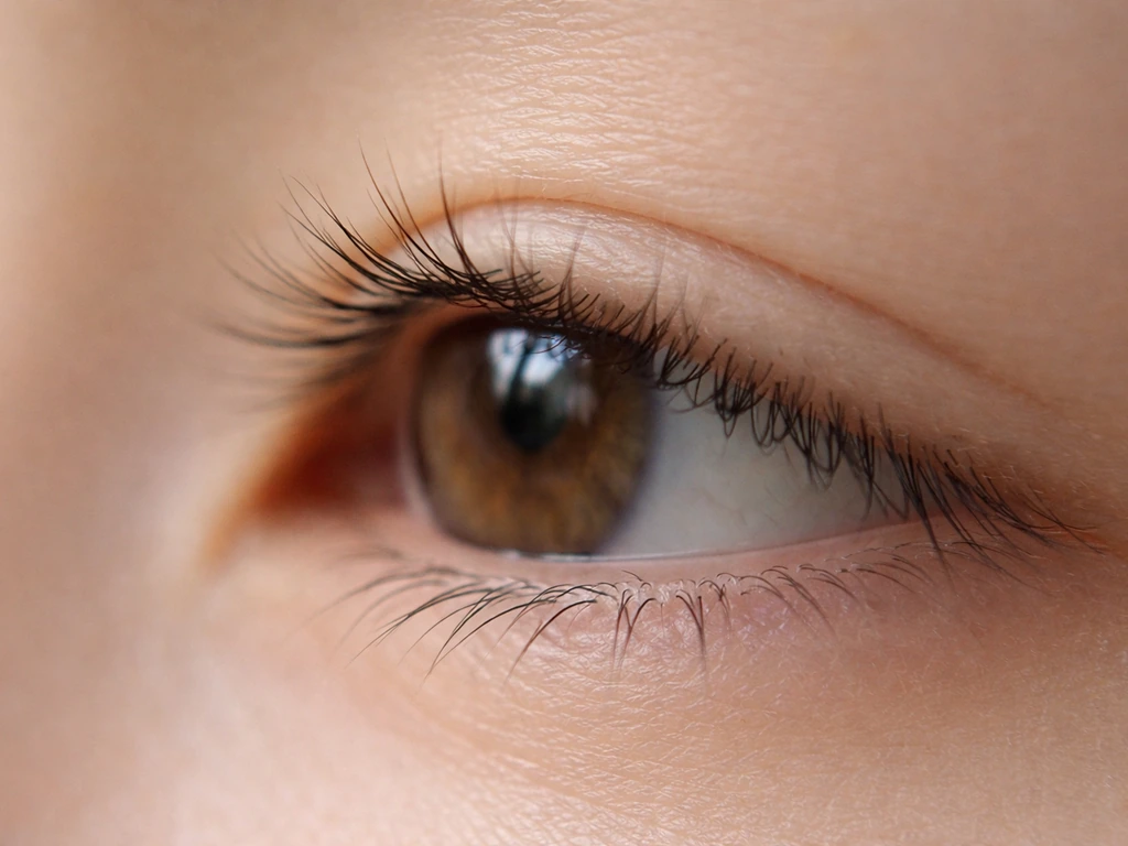 Close-up of a natural lash line showing a few lashes angled differently, with no redness or irritation.