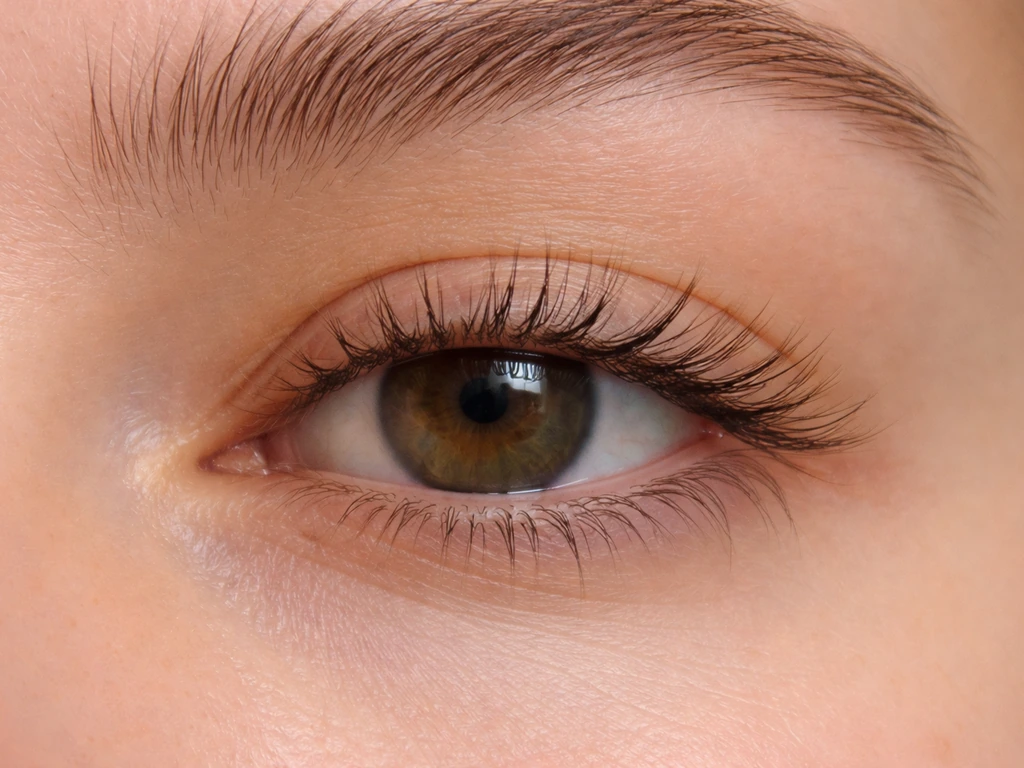 Close-up of eye with lashes showing uneven regrowth direction after lash extensions removal