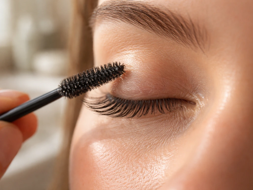 Close-up of a clean spoolie brush gently combing newly emerging lashes upward and outward