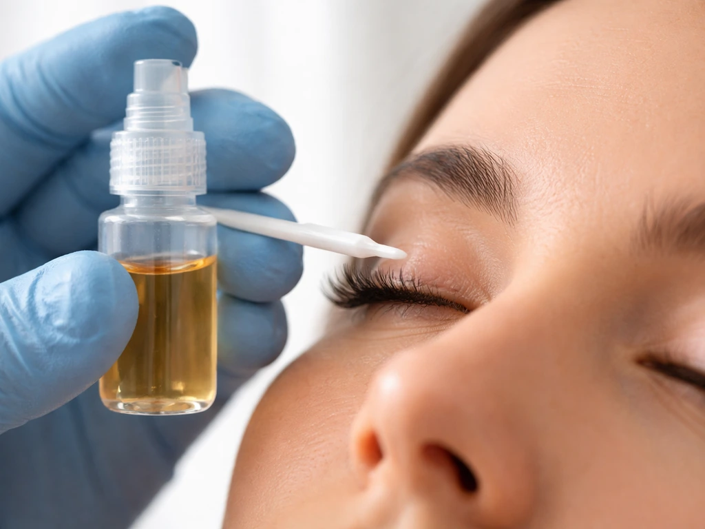 Close-up of an unbranded prescription eye-drop bottle and applicator held near the lash line