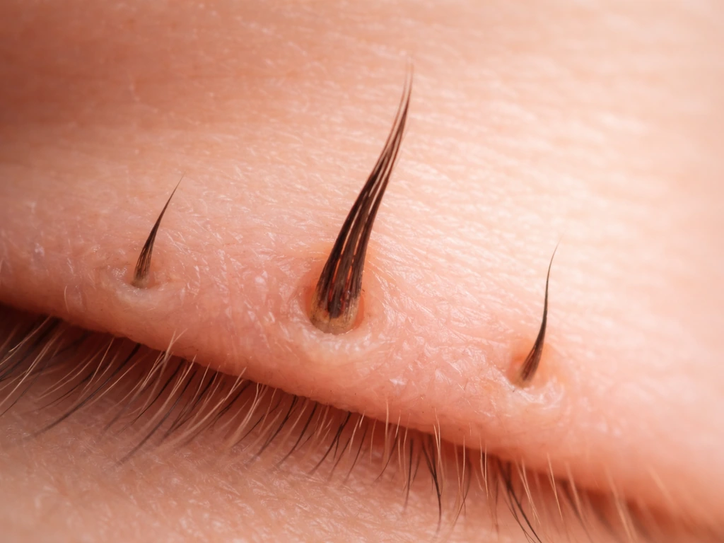 Macro close-up of an eyelash follicle in the eyelid margin with subtle phase-like stages.