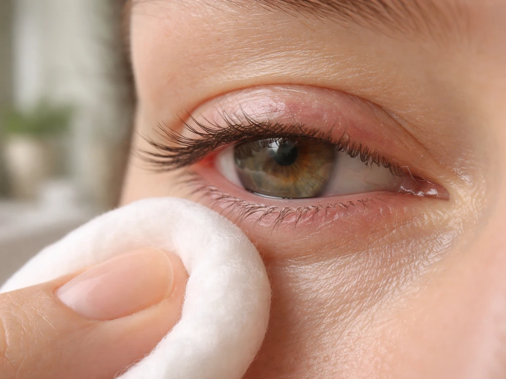 Close-up of a gently applied cotton pad on a slightly irritated eyelid margin area
