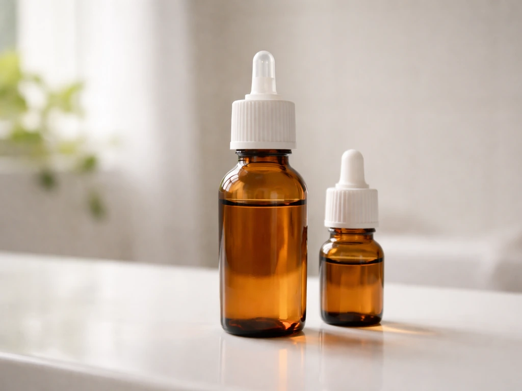 Close-up of a sleek eyedrop-style vial and small dropper bottle on a clean bathroom counter