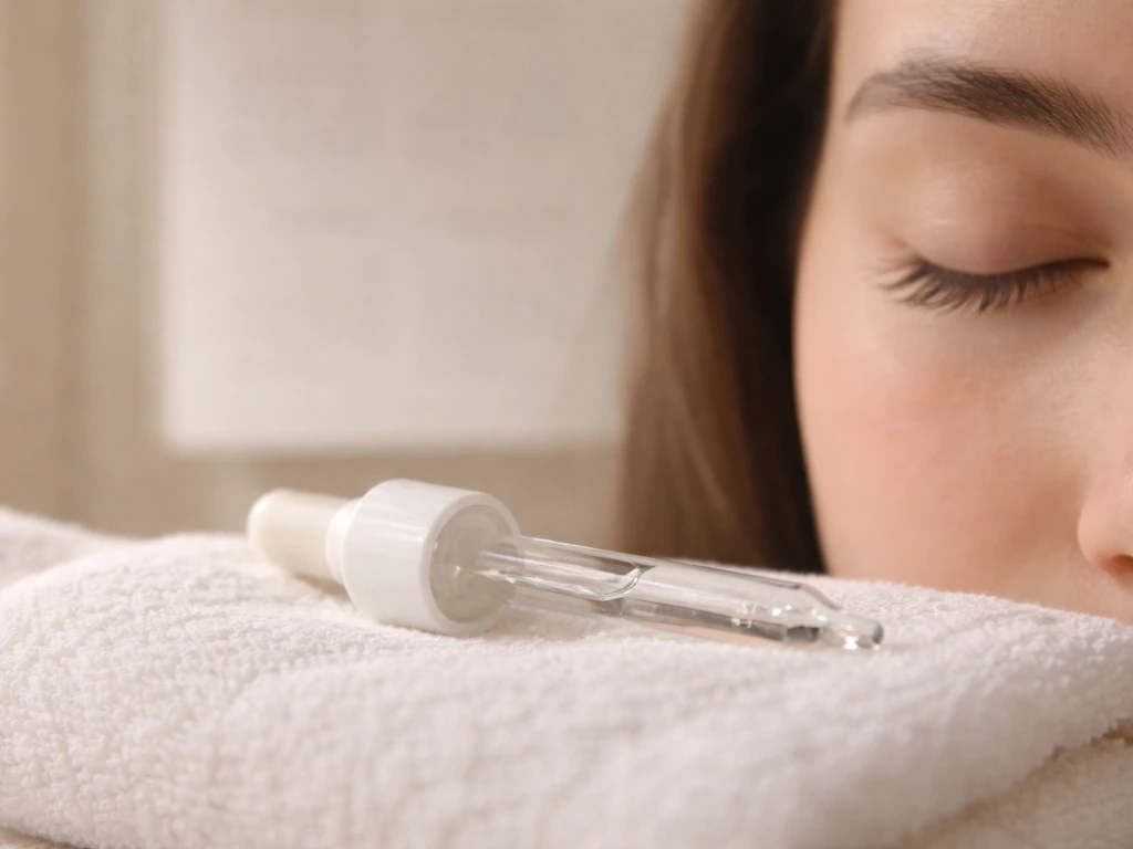 Close-up of a closed eye with natural lashes and a clear serum applicator on a white towel.