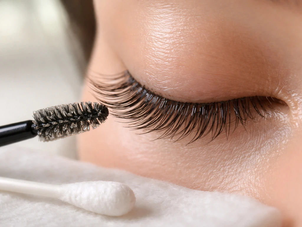 Close-up of upper eyelashes with a small castor oil applicator brush and clean cotton swab nearby.