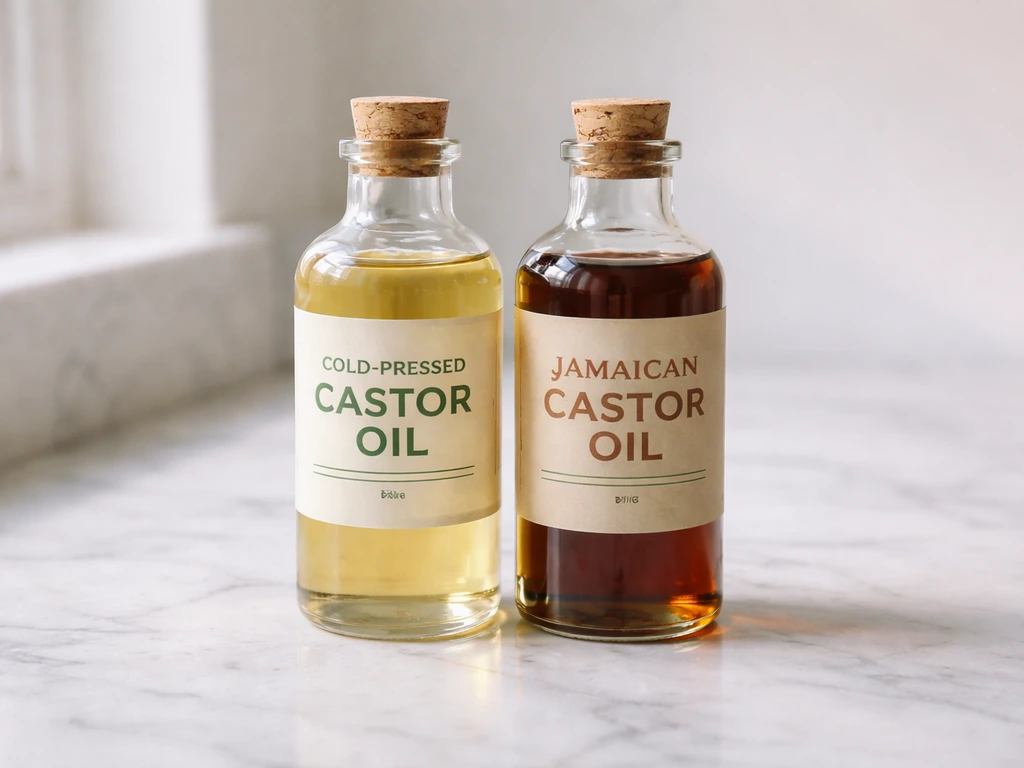 Two castor oil bottles side by side on a bathroom counter, labels clearly distinguishing regular and Jamaica oil.