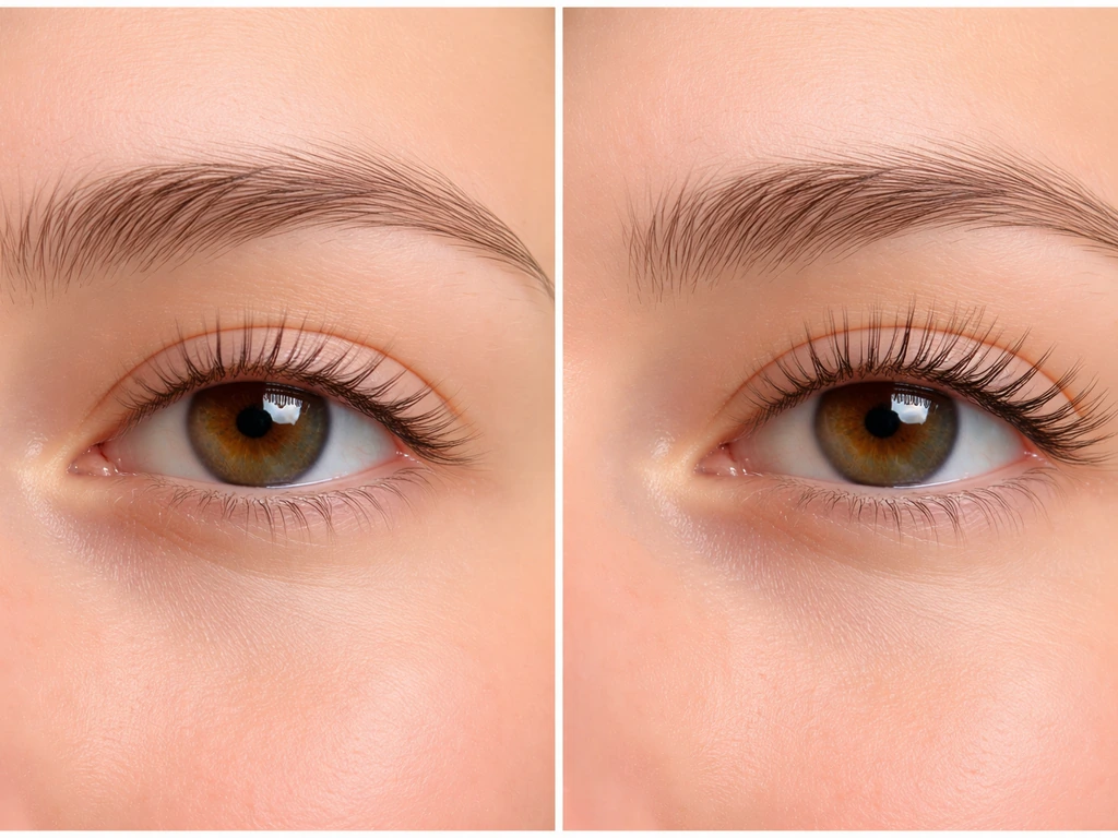 Side-by-side close-up lash comparison: early shorter lashes vs mid longer, fuller lashes under same lighting.