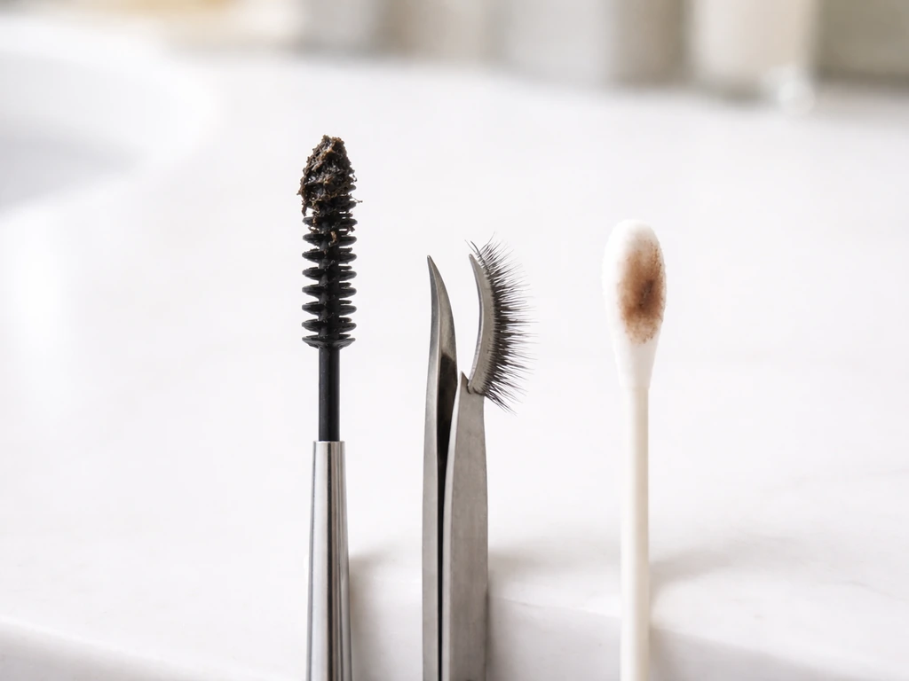 Close-up of eye-makeup troubleshooting items: contaminated applicator, lash extension residue, and a swab on a clean sur