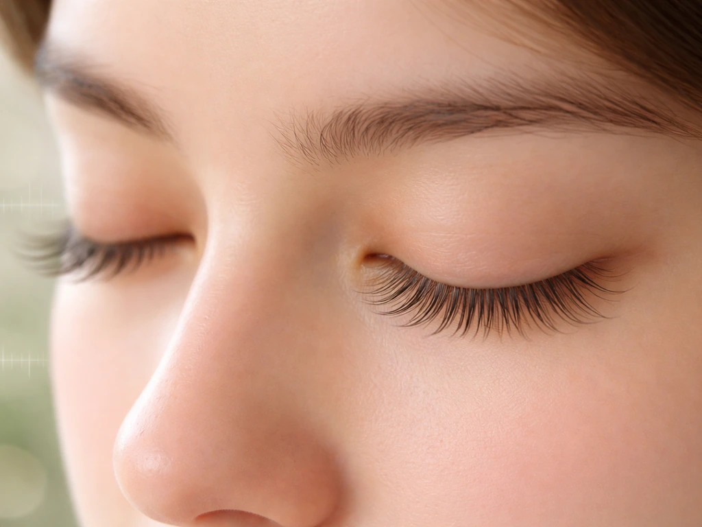 Close-up of upper eyelids highlighting long natural eyelashes with faint measurement-like marks in the background.