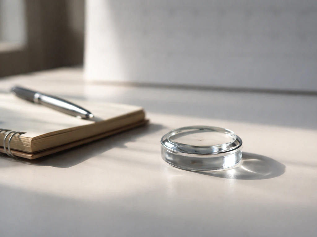 Minimal desk scene with a glossy lens and blurred planner, suggesting precise growth measurements