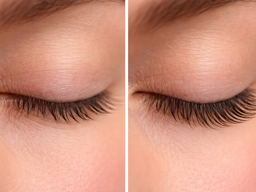 Realistic side-by-side closeup of eyelashes showing damaged vs healthier lash condition under natural light