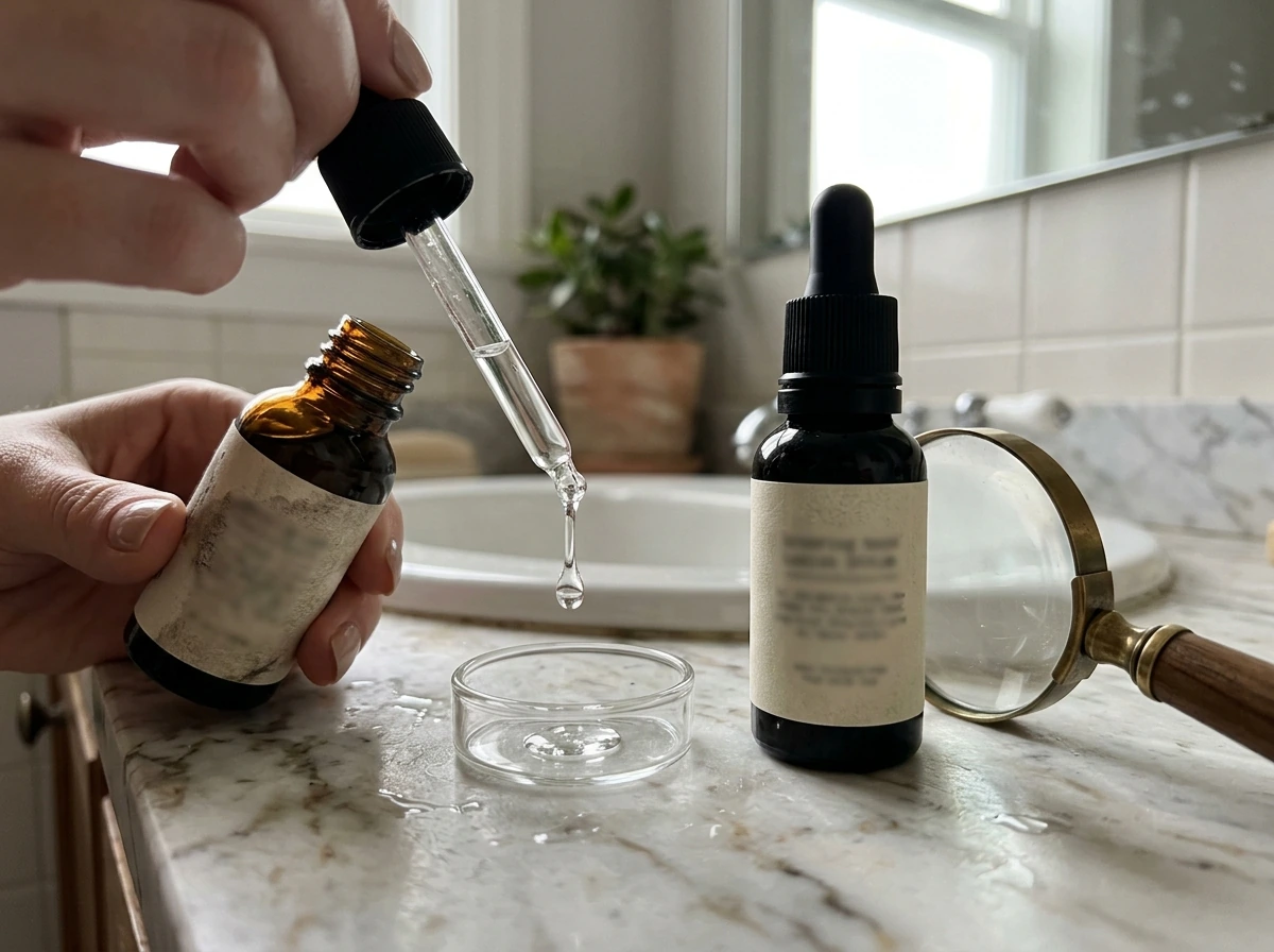 Dropper dispensing lash serum while comparing product choices