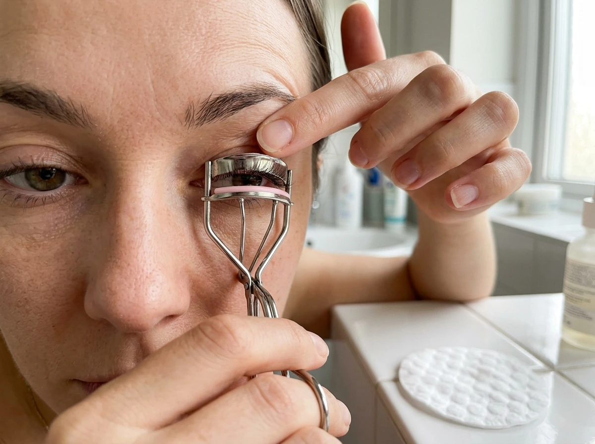 Eyelash curler positioned to show what to avoid during regrowth