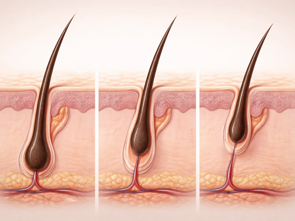 Three realistic eyelash cross-sections showing active growth, transition, and shedding phases