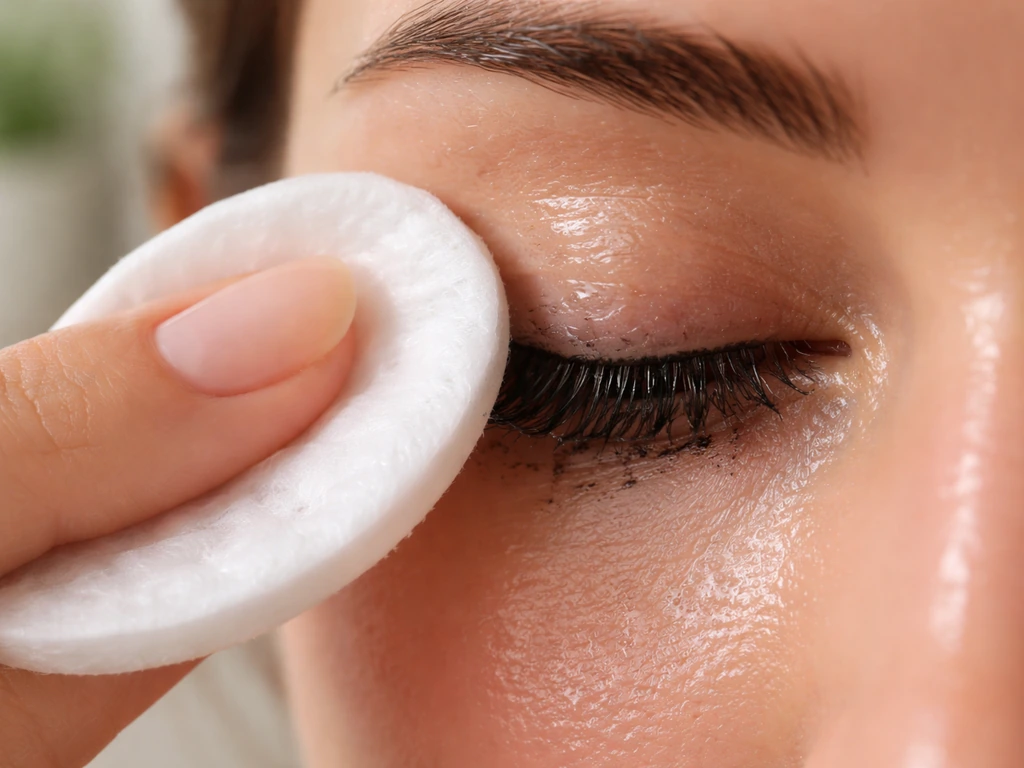 Oil-based remover dissolves mascara on a cotton pad along the lash line