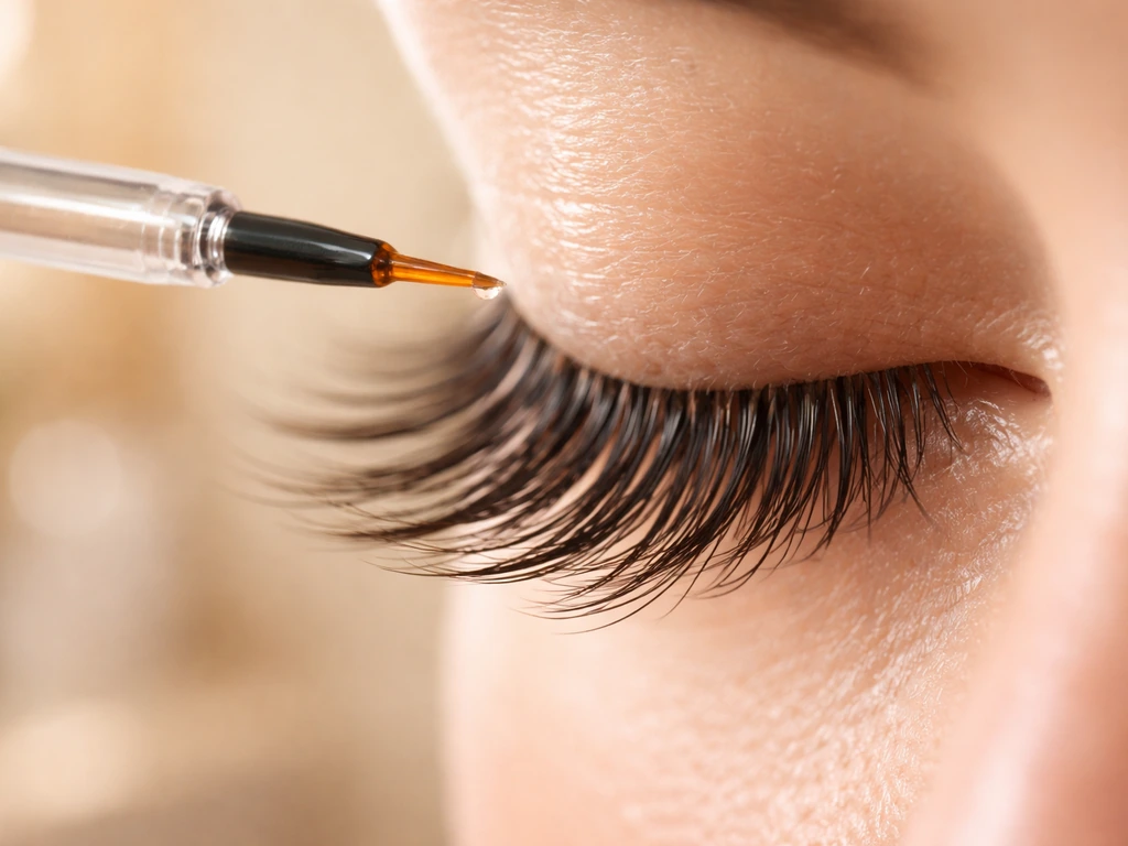 Close-up of a clear lash applicator tip poised near dark lashes, showing bimatoprost-style growth care focus.