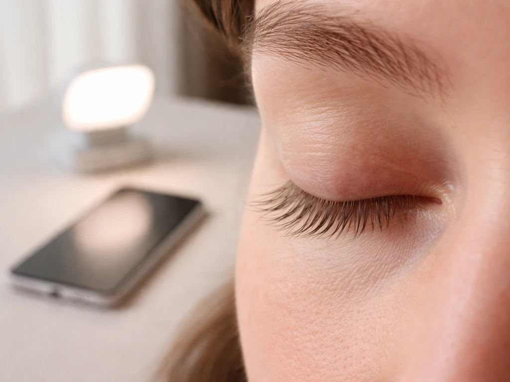Close-up of an eye with a few sparse, lighter lashes and a simple recovery baseline photo setup