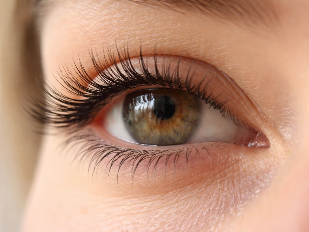Close-up of healthy eyelashes with a subtle smoother, fuller lash-line look and soft natural skin glow