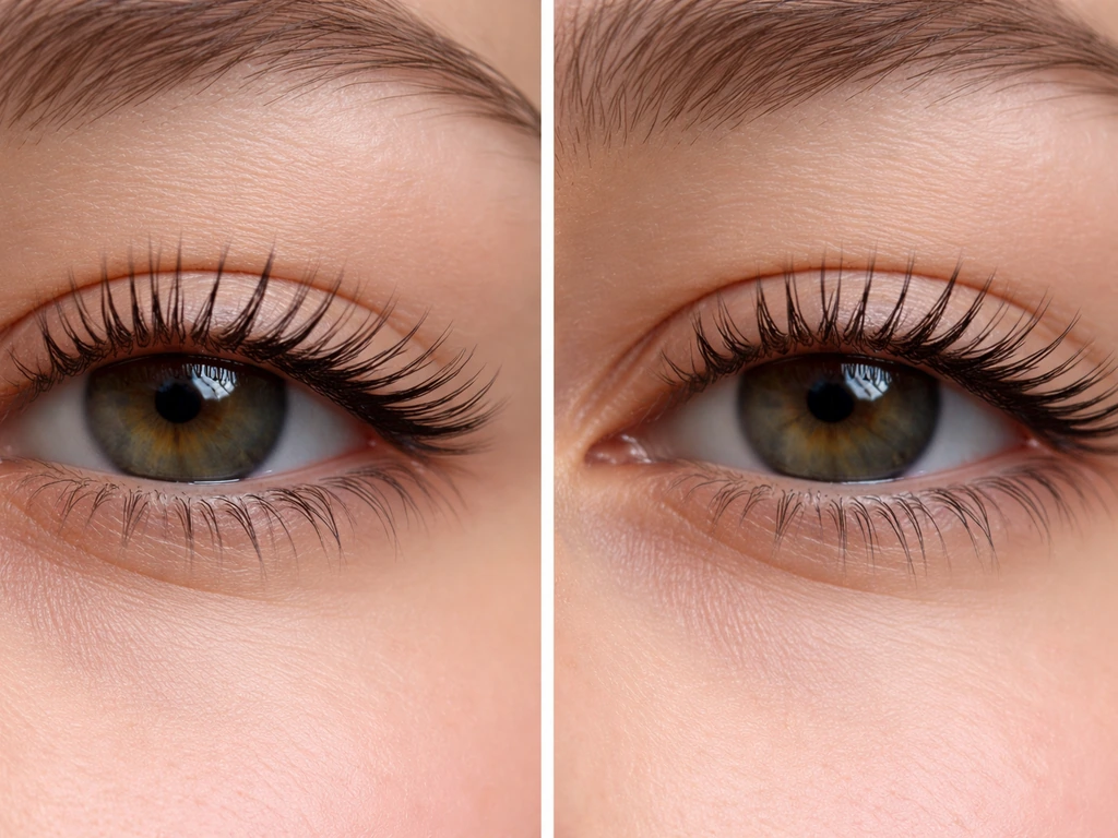 Close-up side-by-side lashes showing less breakage after 72 hours, no dramatic length change.