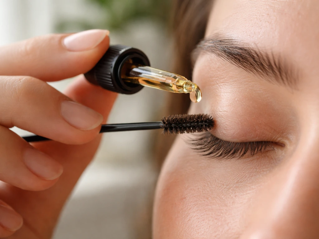 Hand dispensing castor oil onto a clean spoolie applicator for lash-line conditioning