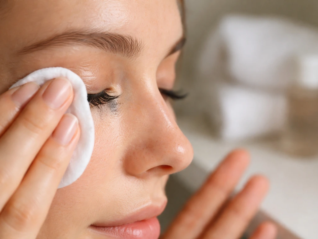 Close-up of hands gently removing eye makeup by pressing, with eye-rubbing clearly avoided