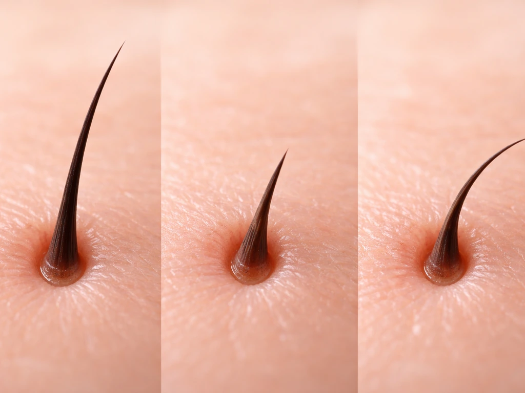 Close-up of an eyelash follicle with three-stage growth cycle: active growth, transition, and rest.