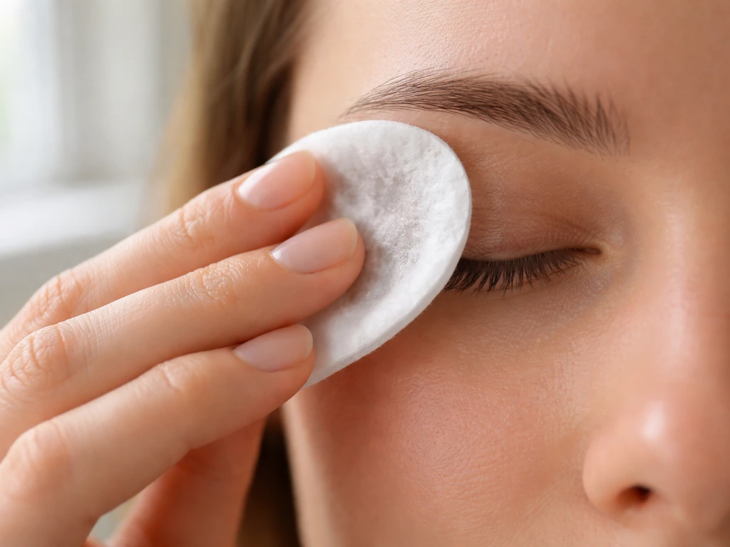 Close-up of a cotton pad with oil-based remover resting at the upper lash line before gentle wiping.