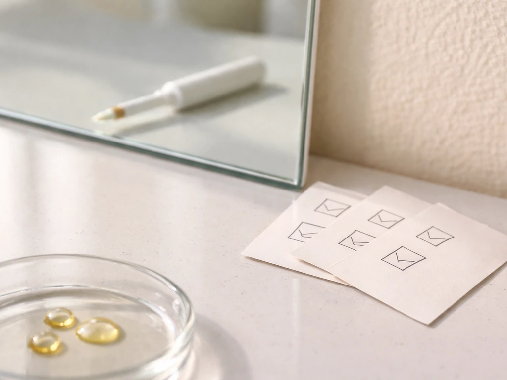 Close-up bathroom scene with an ophthalmic applicator tip beside a clean mirror and blank safety checklist cards.