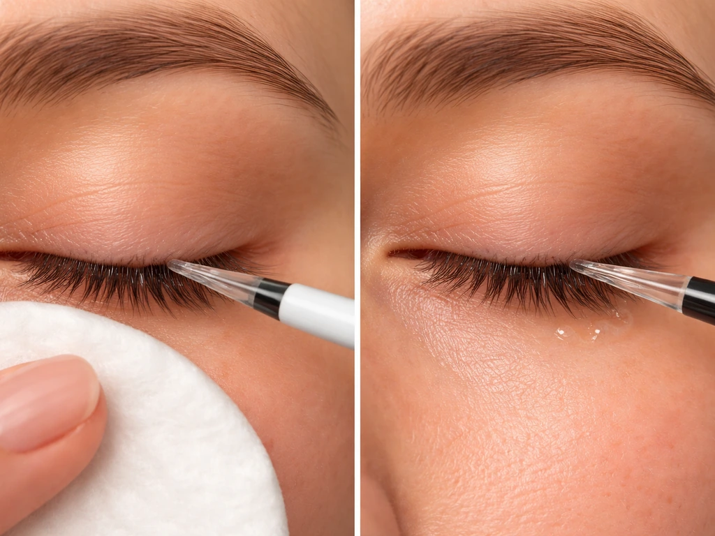 Close-up of a makeup applicator placing lash serum along the upper lash line, blotting excess on one side