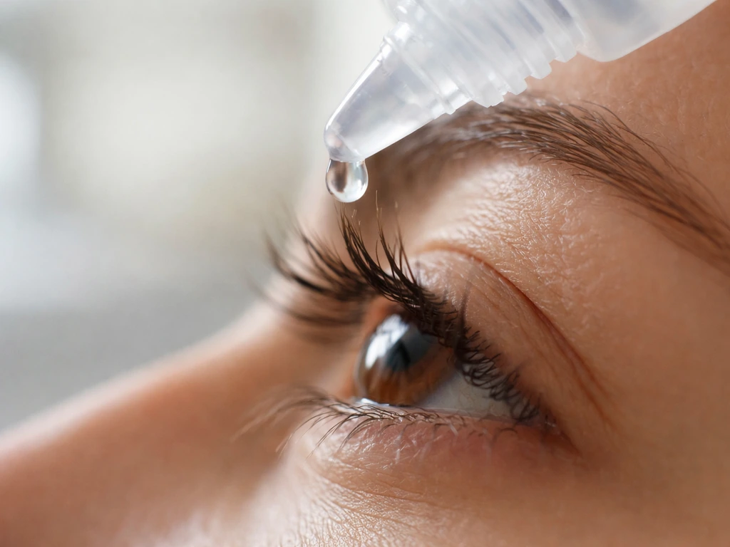 Close-up of an eye with eyelashes while a small drop is applied near the lash line