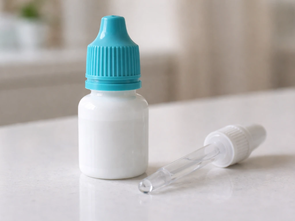 Close-up photo of a prescription eye drop bottle and clear emulsion dropper over a simple countertop