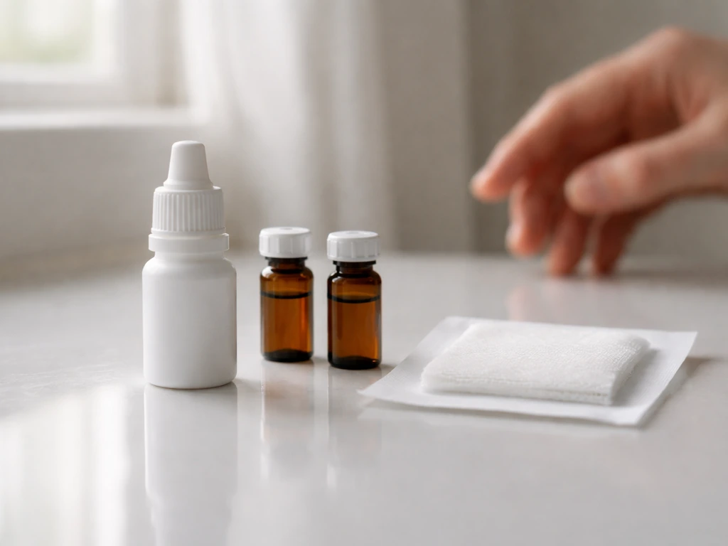 Unlabeled eye-drop bottle and small vials on a white counter, minimal natural-light skincare scene.