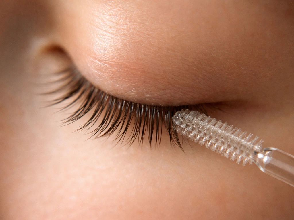 Close-up of natural eyelashes with a spoolie applying a subtle oil sheen