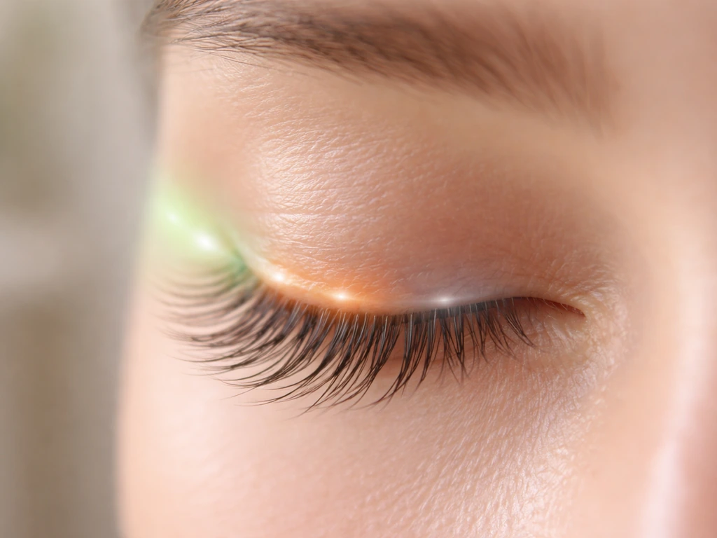 Macro close-up of natural eyelashes with a subtle abstract phase overlay suggesting lash growth cycle.