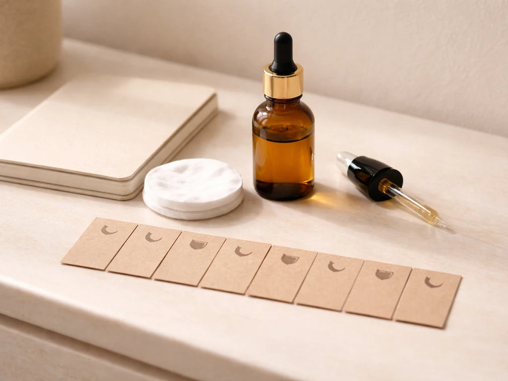 Amber castor oil and a simple kraft 7-day lash plan strip with night and daytime icons on a clean vanity.