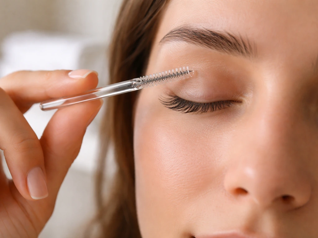 Hand gently brushing natural eyelashes with a clean spoolie in soft morning light.