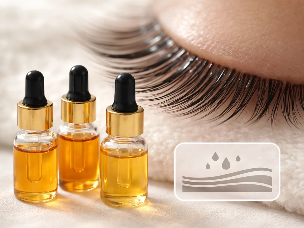 Macro eyelash background with minimal amber oil dropper bottles suggesting thin-layer patch testing.