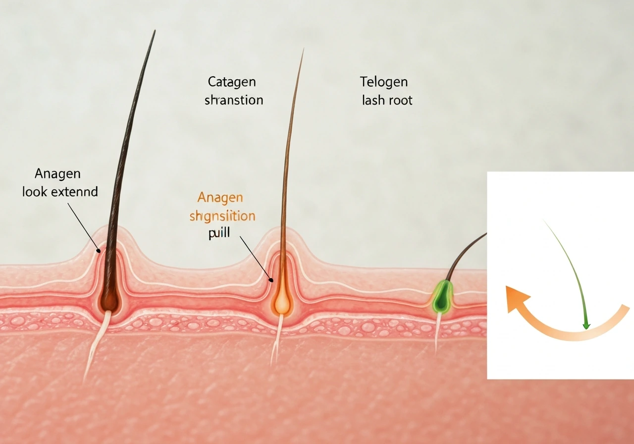 Close-up diagram-like image showing an eyelash follicle cycling through anagen, catagen, and telogen phases.