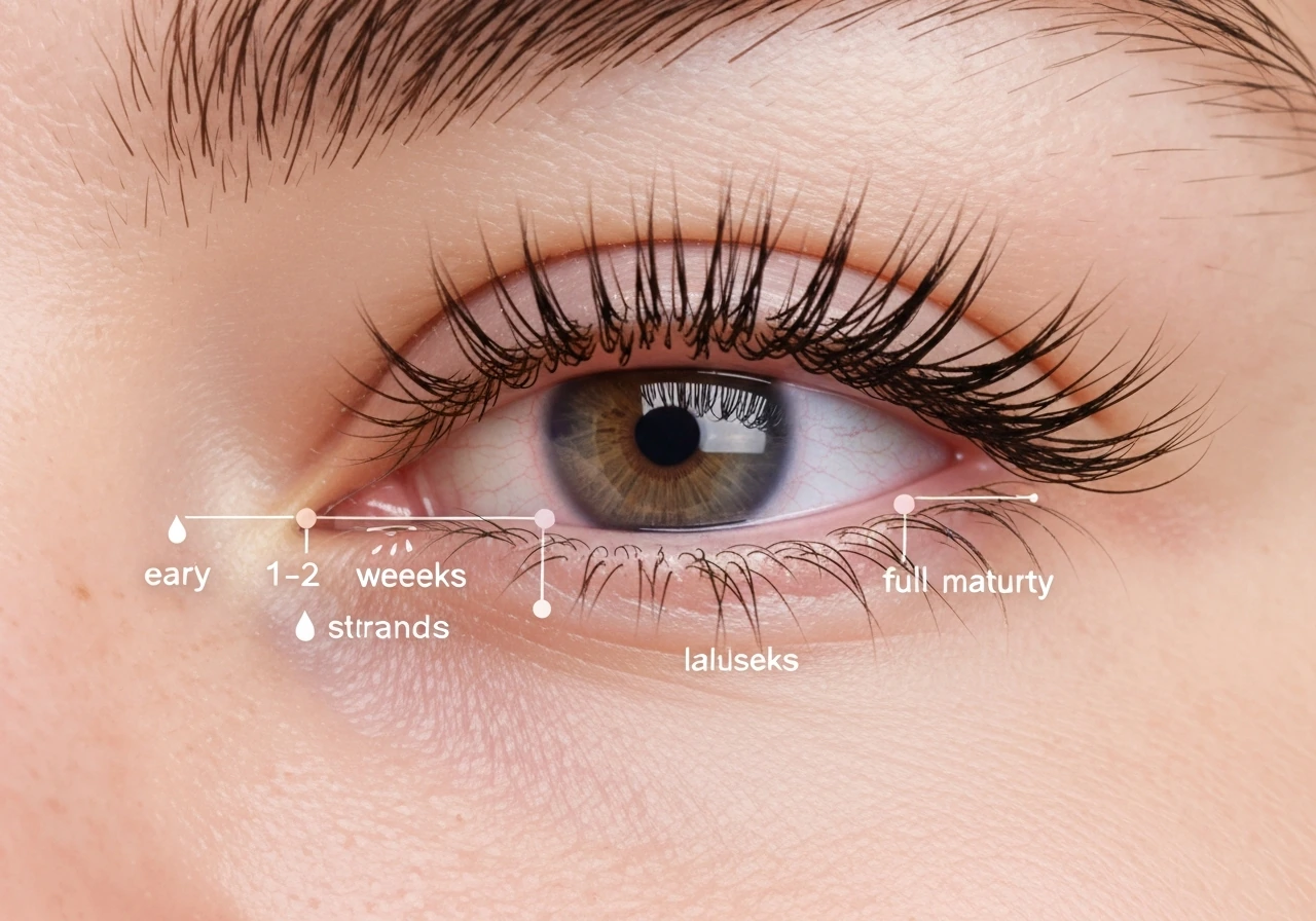 Close-up of an eye with lashes, showing a photo-based regrowth timeline overlay with interval markers (no text).