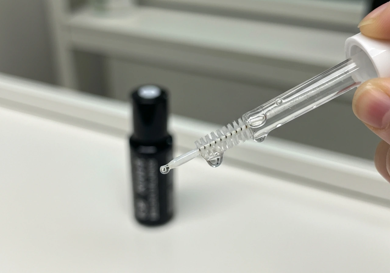 Close-up of a lash serum brush applying serum carefully along the upper lash line.