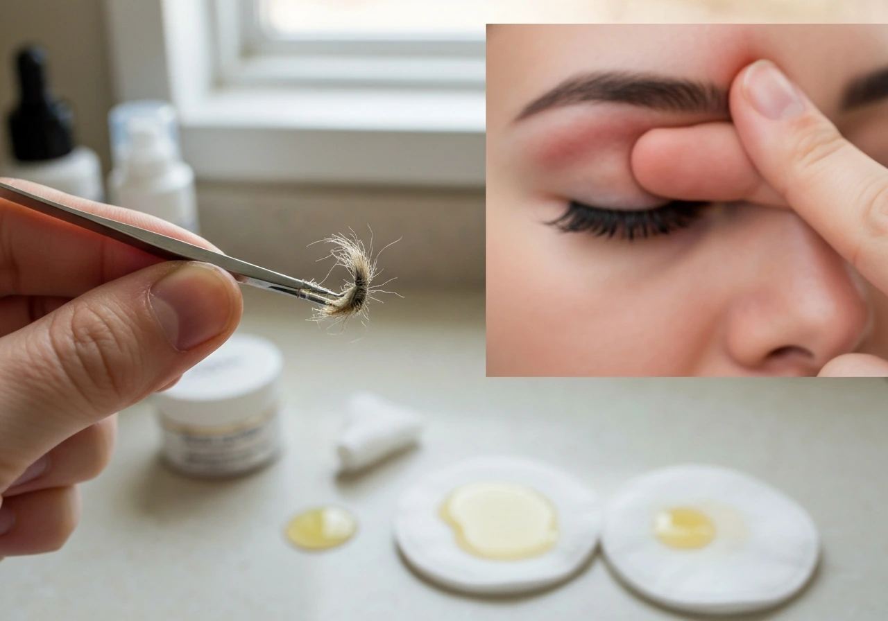 Close-up of unsafe lash-recovery actions: torn DIY lash tool and aggressive rubbing on eyelid