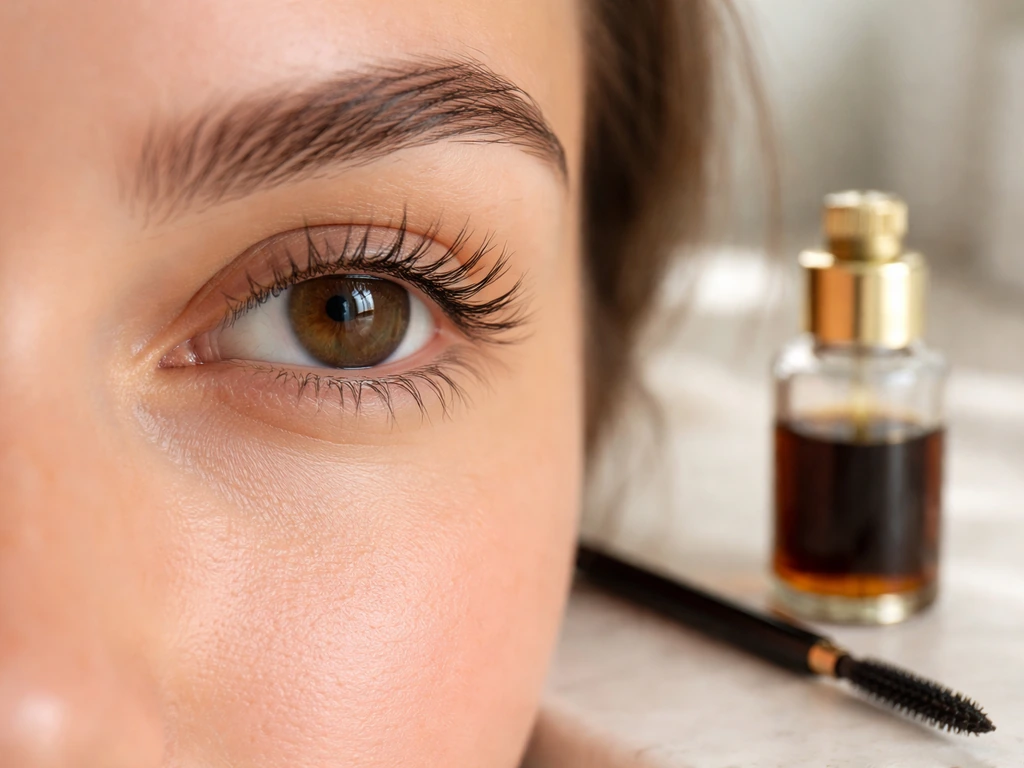 Close-up of well-groomed lashes and brows with a small vial of castor oil and applicator near the eye