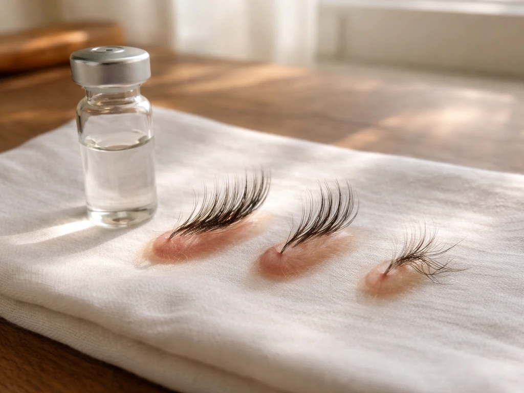 Close-up of a minimal beauty setup with a visual three-phase lash/brow growth cycle concept using unlabeled segments.
