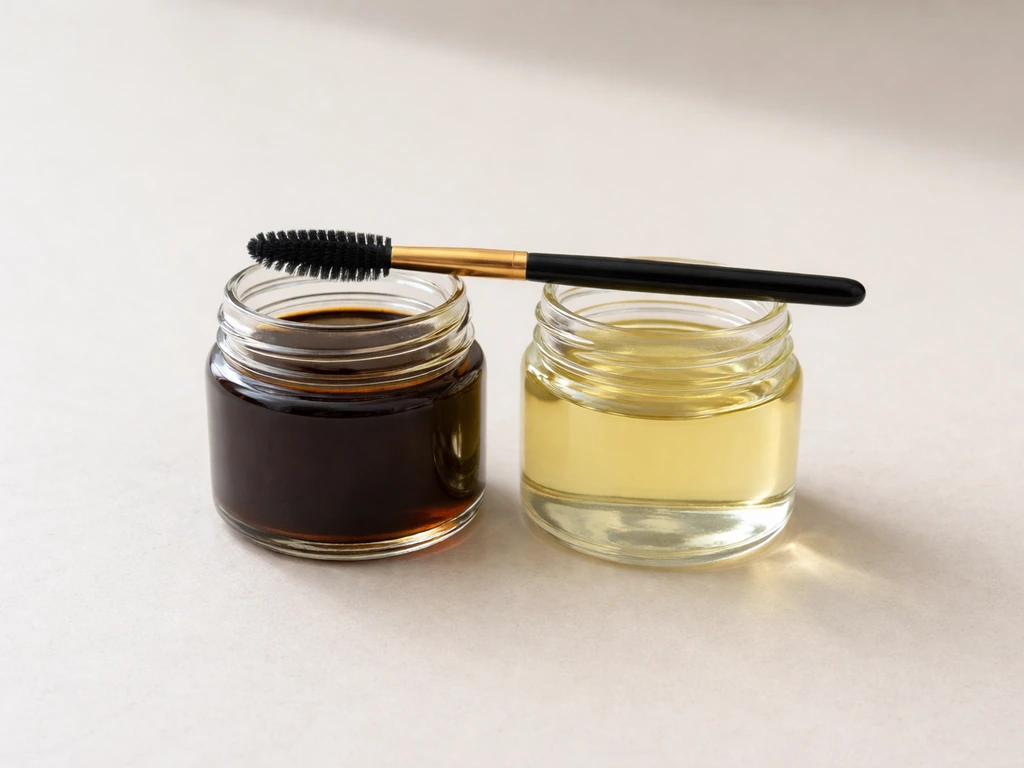 Two small jars of dark Jamaican black and pale regular castor oil with an applicator brush for lashes