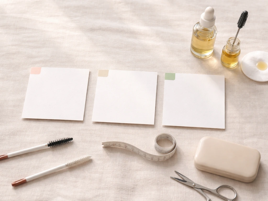 Minimal flat-lay showing lash growth progress notes with three small time-mark cards and a ruler-like measuring strip