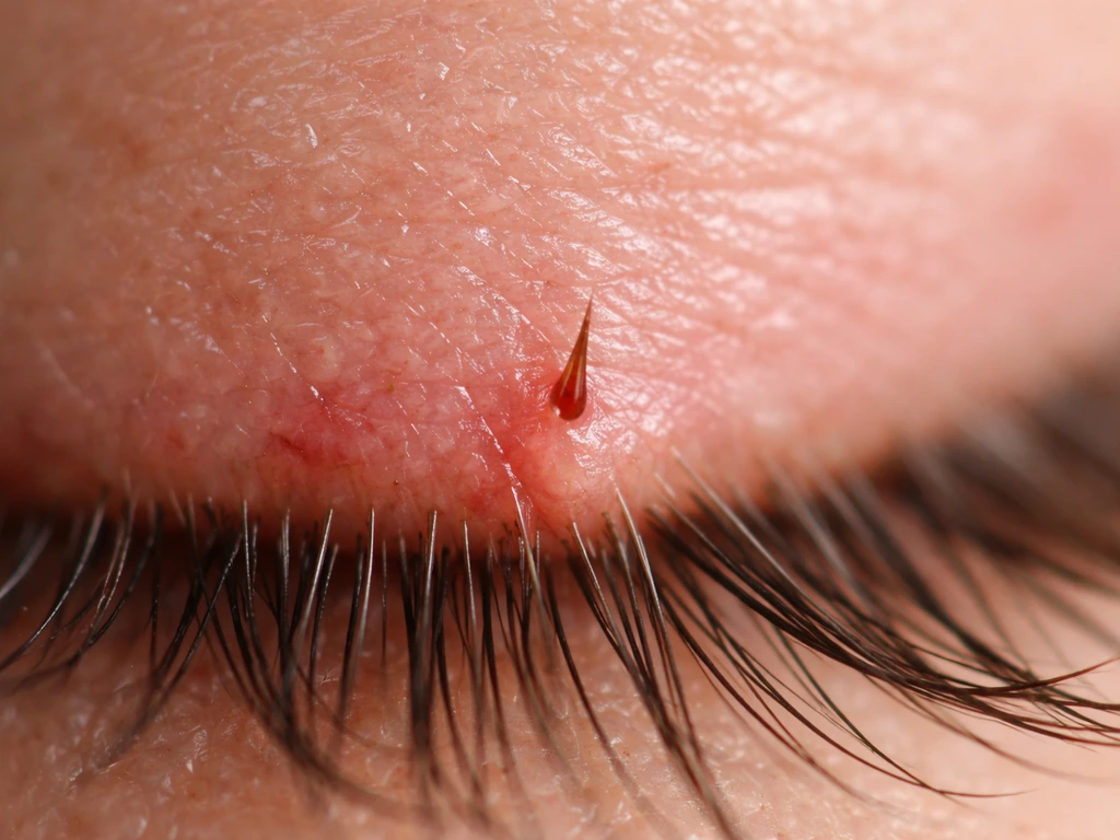 Macro close-up of an eyelash follicle at the lash line with a new lash emerging, suggesting normal regrowth itch.